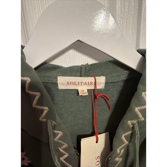 Solitaire Womens Jacket M Green Embroidered Floral Hoodie Full Zip Boho Cottage - Picture 3 of 5